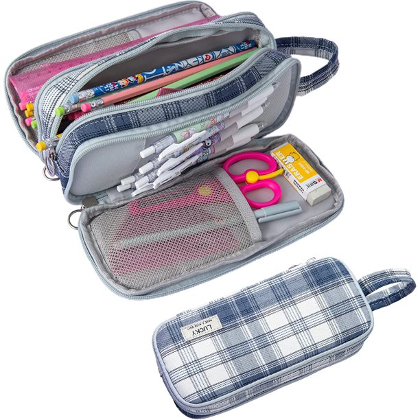 Estuche con asa 3 compartimentos, gran capacidad, estuche para niñas y niños, estuche para lápices de lona de calidad, para guardar material de oficina y escolar TUNC Sencillez
