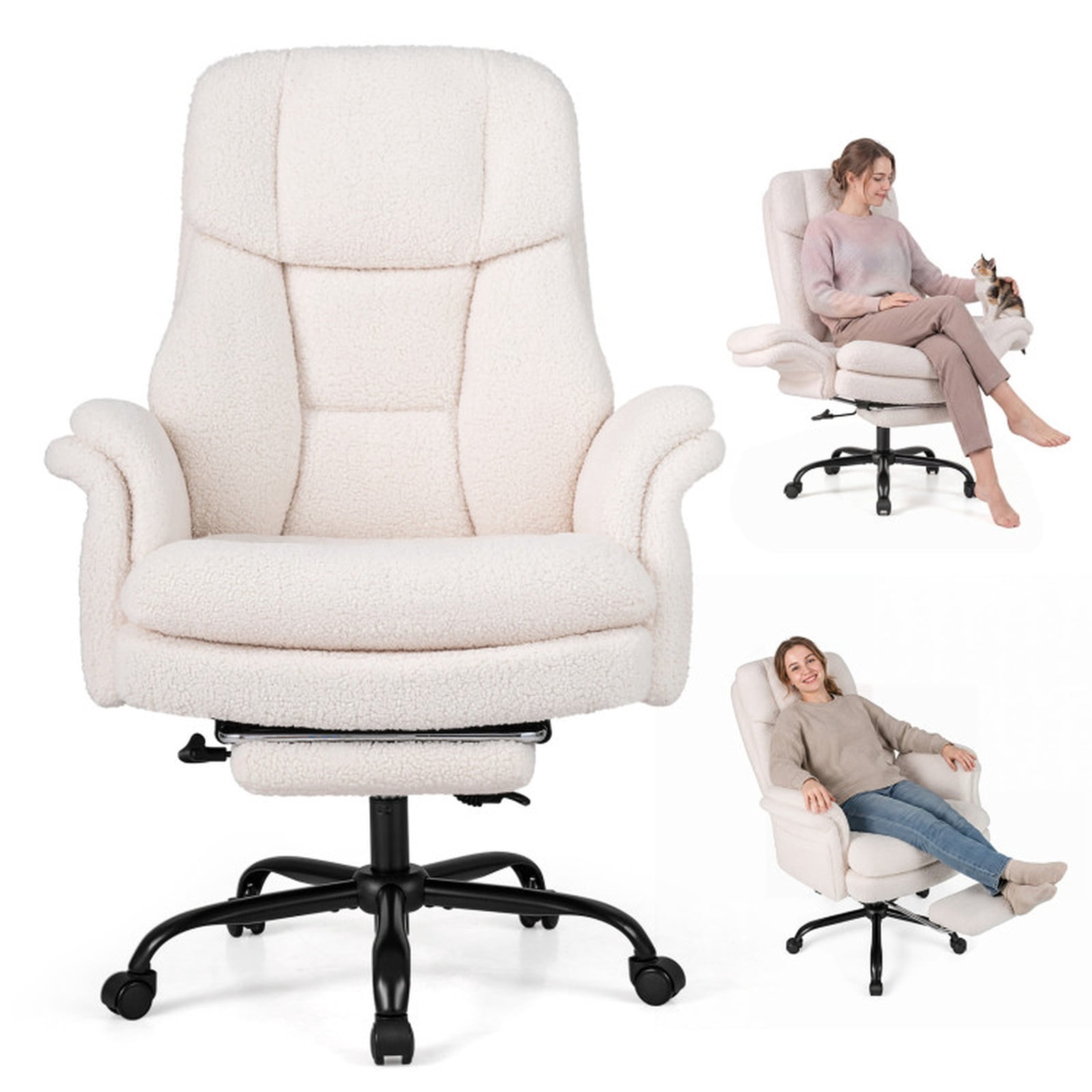 Furnibear Big and Tall Executive Office Chair 500 lbs Ergonomic Cross Legged Computer Chair with Retractable Footrest and Flip Up Arms, White