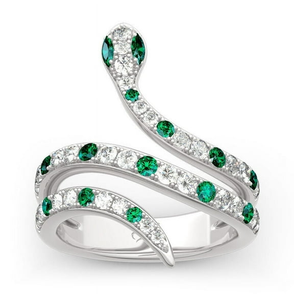 Meryn Jewel Round Brilliant Cut 1.1 Ct Diamond Ring - 14K White Gold Plated Ring - Emerald Green Snake Design Birthstone Ring for Women's - Gift-Ready Jewelry for Her