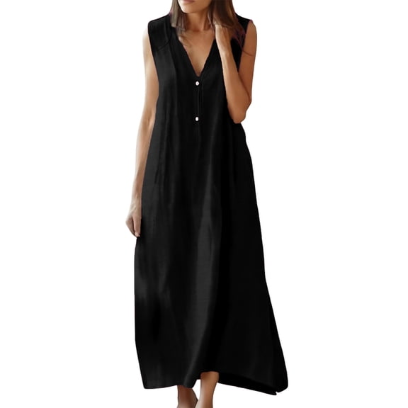 DHFJKG Summer Dresses For Women Casual Sleeveless Maxi Dress Button Down V Neck Loose Fit Tank Dress Beach Vacation Clothes Cozy Dresses