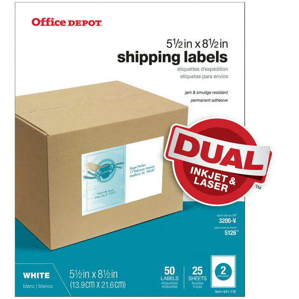 Office Depot White Inkjet/Laser Shipping Labels, 5 1/2in. x 8 1/2in., Pack  Of 50, 505-O004-0022 