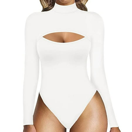 Rigardu shapers for women Neck Cutout Front T Shirt Long Sleeve Short Sleeve Bodysuit for Women shaperx bodysuit White + L