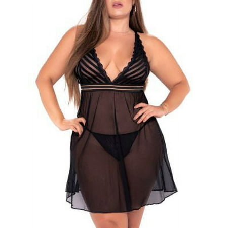 Mapale Womens Plus Size Stripe Mesh Babydoll Set Style-7244X