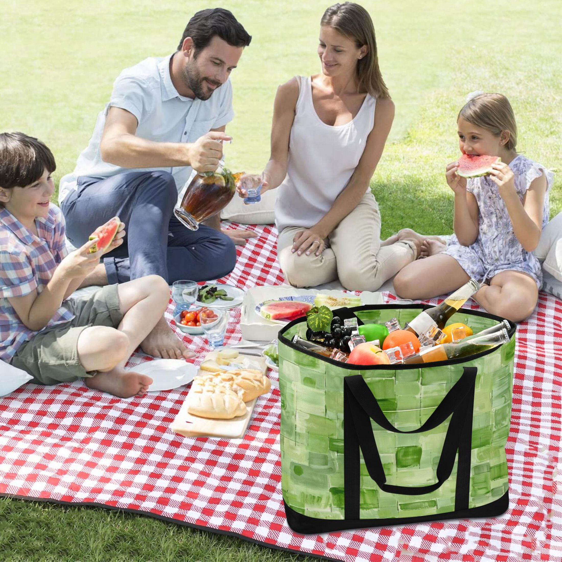 Large Hand-held Ice Pack Picnic Bag Insulation and Refrigeration Suitable for Shopping Picnics and Camping Green Square