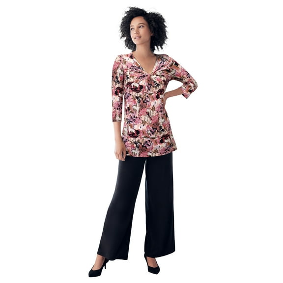 ellos Plus Size Stretch Knit V-Neck 3/4 Sleeve Knot Front Tunic