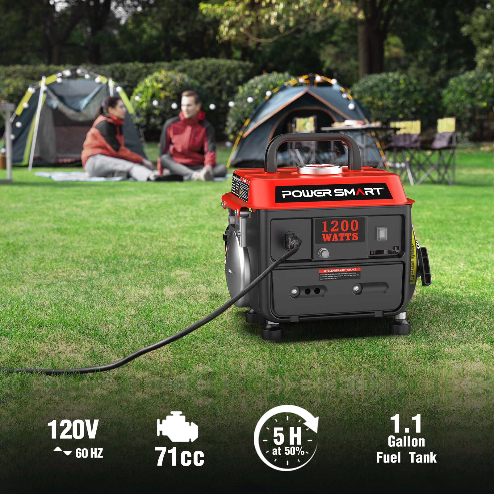 PowerSmart 1200W 2-Stroke Gas Generator Portable for Camping Outdoor, Low Noise with AC Outlet