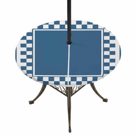 Outdoor Tablecloth with Umbrella Hole and Zipper Blue Squares Round Fitted Table Cover with Elastic Waterproof Modern Block Checkered Border Patio Tablecloths for Picnic BBQS Garden Fit 45"-54"