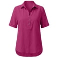 thumbnail image 5 of Duoif Women's Lapel Collar Cotton Linen Top Short Sleeve High Low Hem Casual Blouse Summer 2026, Hot Pink, L, 5 of 8