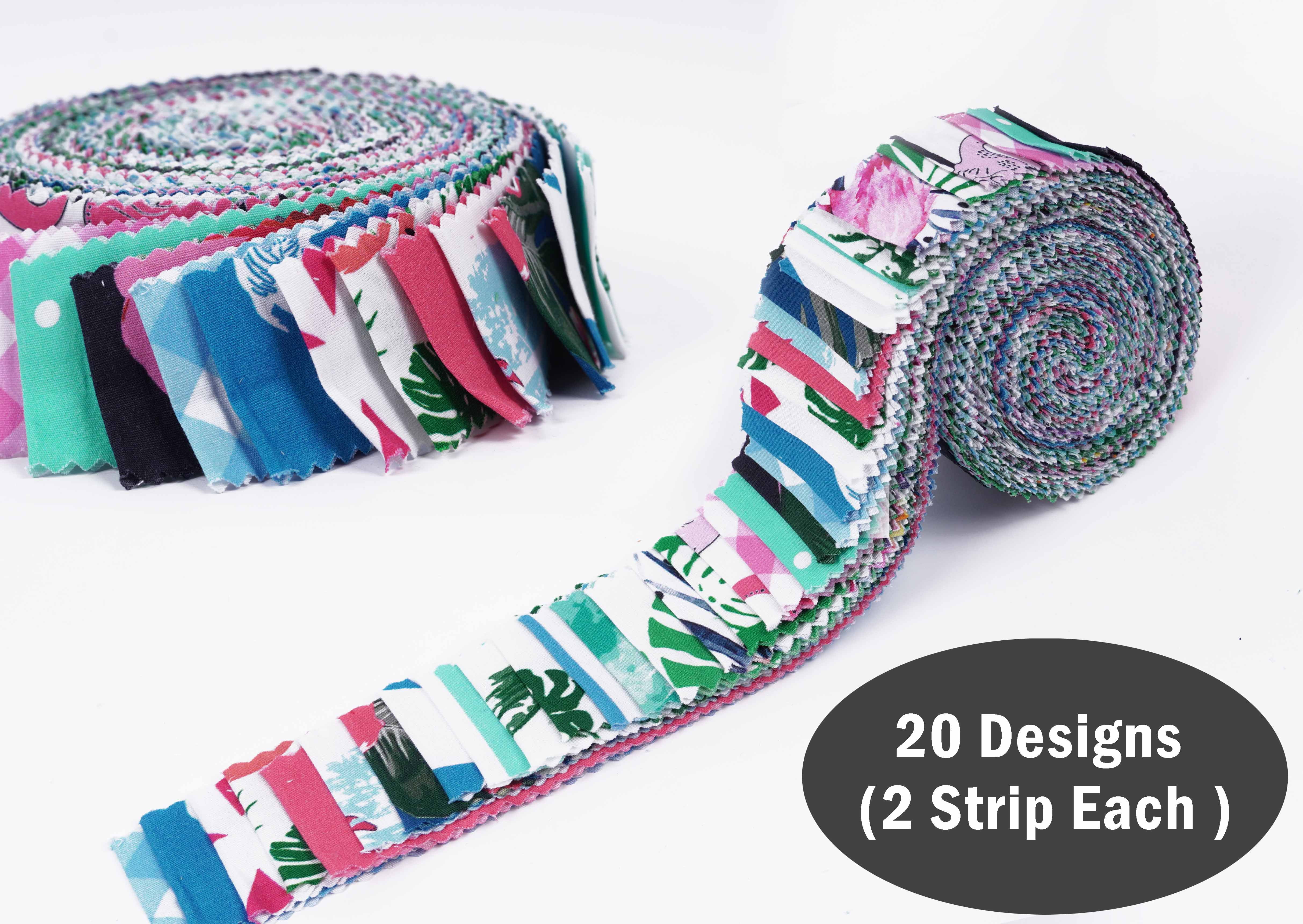 Soimoi 40Pcs Tropical Theme Flamingo Print Precut Fabrics Strips Roll Up 1.5x42inches Cotton Jelly Rolls For Quilting - Pink, Blue & Green