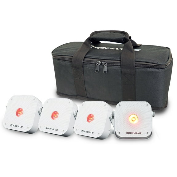 Rockville 4 PACK MINI RF1 V3 White DJ Par Wash Up Lights Bag RF APP Wireless DMX