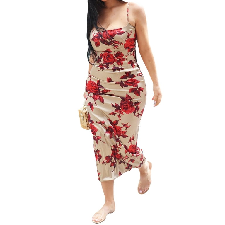 allshope Female Summer Slip Dresses, Flower Print Sleeveless Spaghetti  Strap Low-Cut One-Piece Outfits for Women, S/M/L