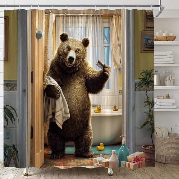 Funny Bear Shower Curtain, Brown Bear in Bathtub, Rustic Farmhouse Wildlife Country Animal Bathroom Decor 36"W x 72"H