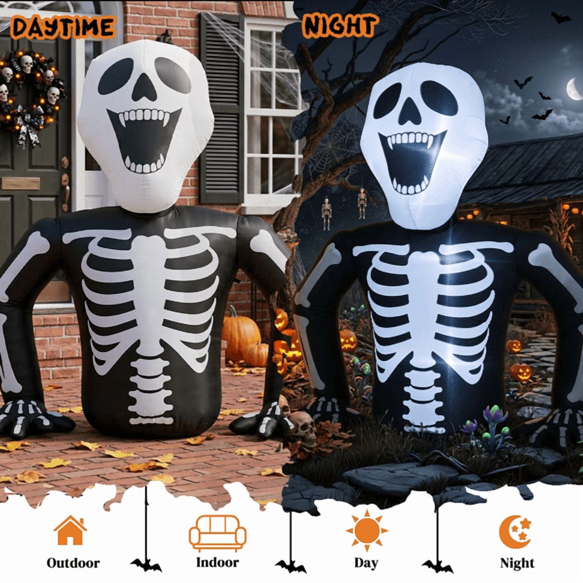 Alvantor 6 ft Halloween Inflatable Skeleton with 3 LED Lights, Black and White, for Outdoor Yard Display