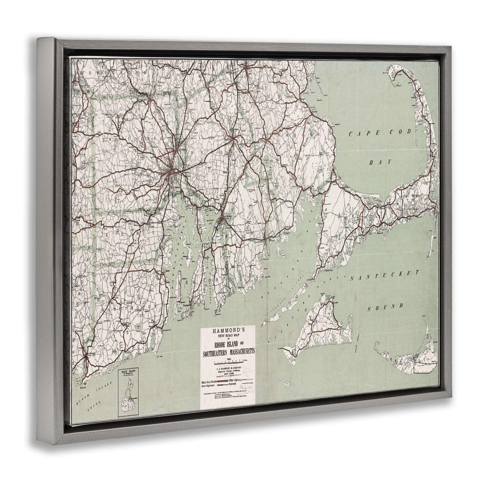 Stupell Industries Cape Cod & RI Map Cities & Countries Painting Gray Floater Framed Canvas Art Print Wall Art, 31 x 25