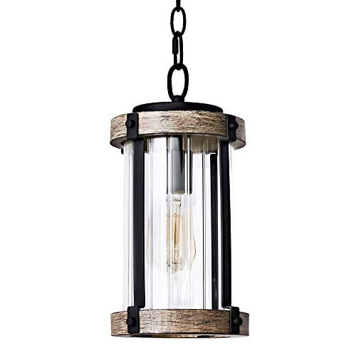Motini Outdoor Pendant Light Fixture For Porch 1 Exterior Hanging Lantern In Black And Wood Finish With Clear Ribbed Glass Bulb Included Com Motini Outdoor Pendant Light Fixture, Exterior Pendant Light Fixtures