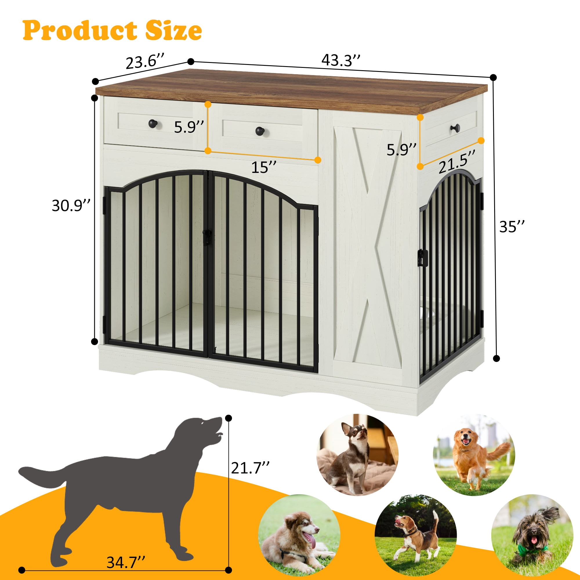 Mintazer 43.3" Farmhouse End Table Dog Crate Furniture & 2 Doors, Indoor Pet Kennel with 3 Storage Drawers & Detachable Feeder Tray, Dog Cage End Table for Medium Large Dogs, Beige & White
