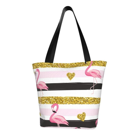 Pofeuu Gold Glittering Hearts and Flamingos Print Women Fashion Shoulder Handbags Top Handle Satchel Bags Tote Shoulder Shopping Bag Stylish Canvas Tote Bag