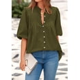 thumbnail image 3 of Blusas PRETTYGARDEN para mujer, verano 2025, mangas cortas, holgadas, con botones, con cuello en V, plisadas, informales, con cuello en V (verde militar, XL), 3 of 8