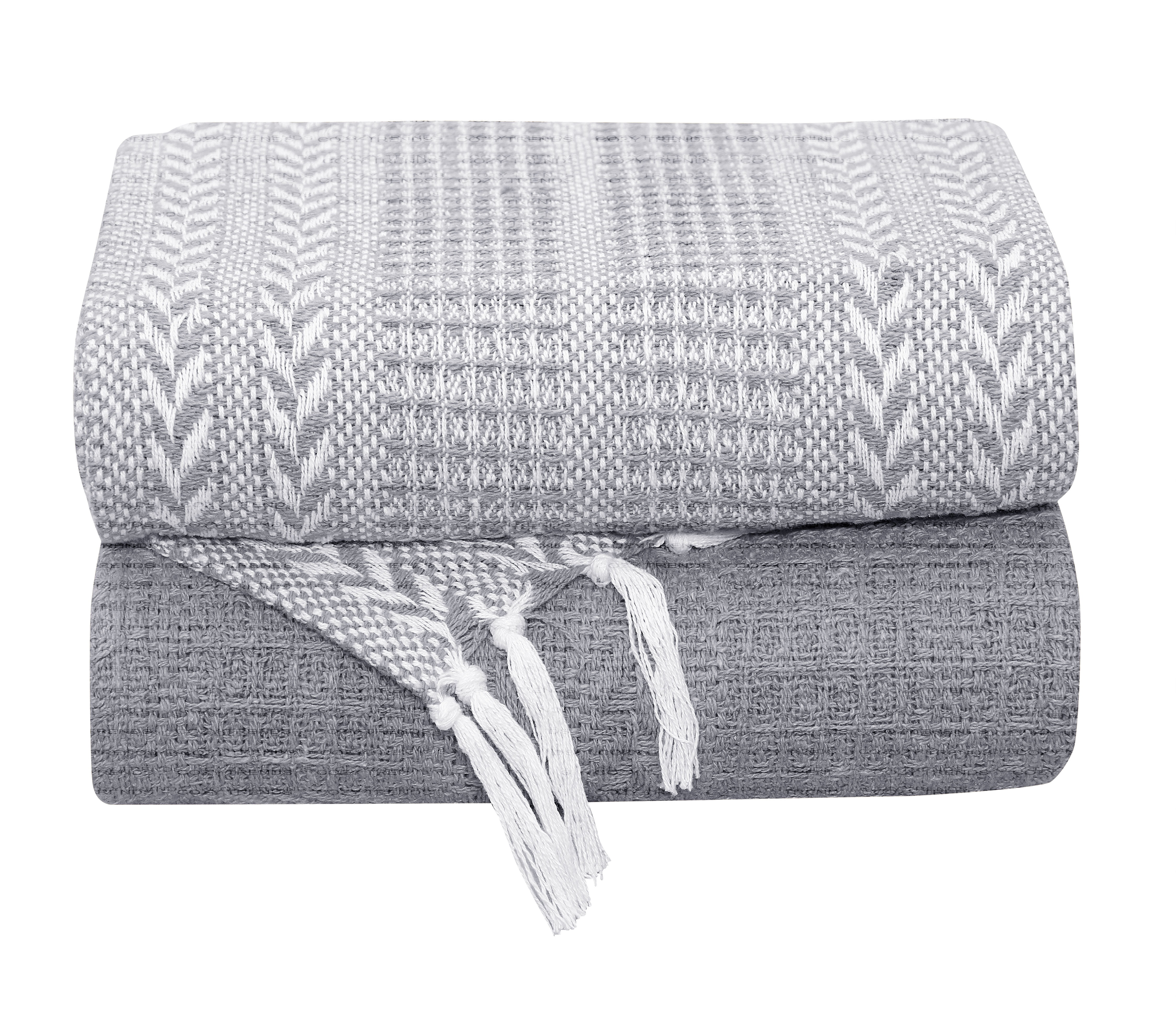 Gray Hand-Woven Cotton Throw Blankets with Fringe, 50x60 Inches, Set of 2