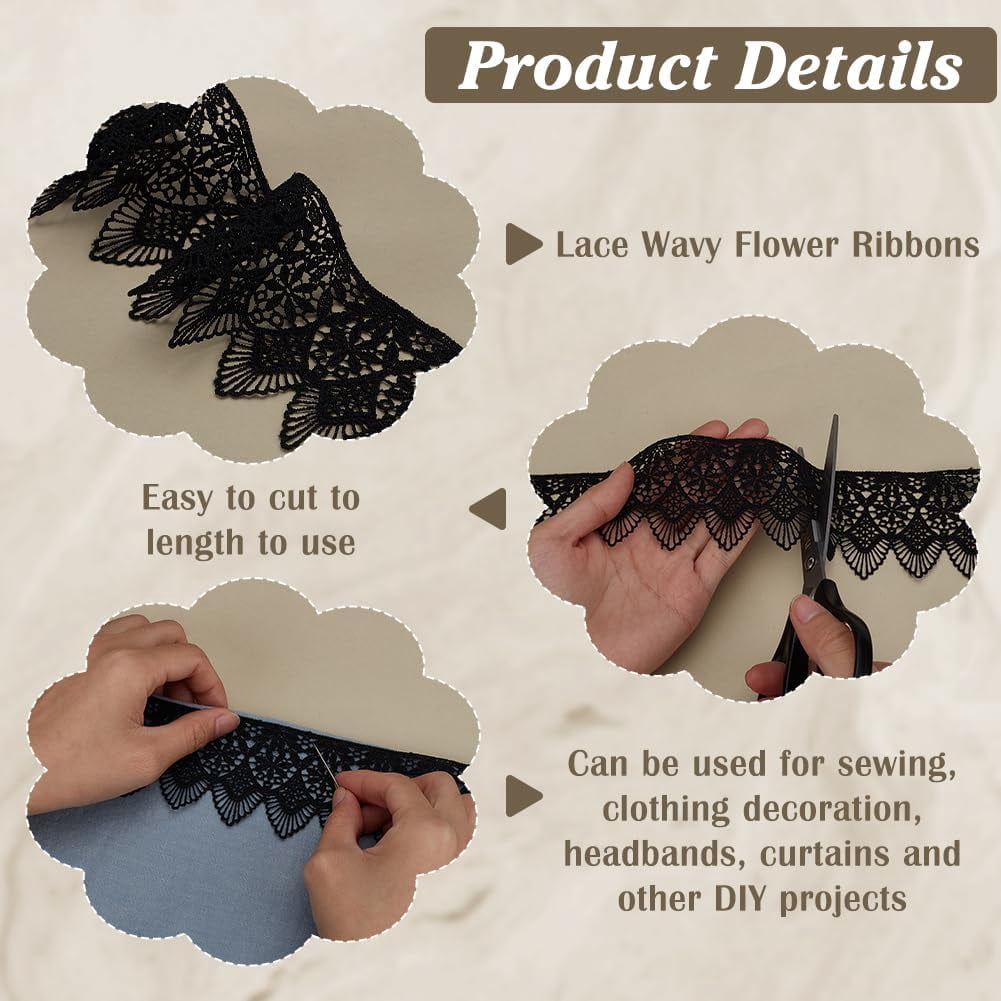1Pc Polyester Lace Wavy Flower Ribbons for Cloth DIY Making Decor 1Pc Cardboard Display Card Black 2-3/8 inch(60mm) about 6.56 Yards(6m)/Set