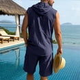 thumbnail image 4 of HBGVBA Mens Summer Set Solid Color Loose Linen Pocket Elastic Waist Shorts Button Hooded Tank Top Shirt 2 Piece Beach Set, 4 of 5