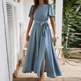 thumbnail image 2 of Birdeem Robes de Mode pour Femmes Couleur Unie Manches Courtes Col en V, 2 of 12