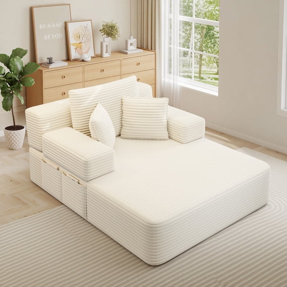 FFH 60" Chaise Lounge Chair Indoor, Convertible Sleeper Sofa Bed with Storage Pockets, Plush Corduroy Floor Lazy Sofa, Frameless Design, Beige