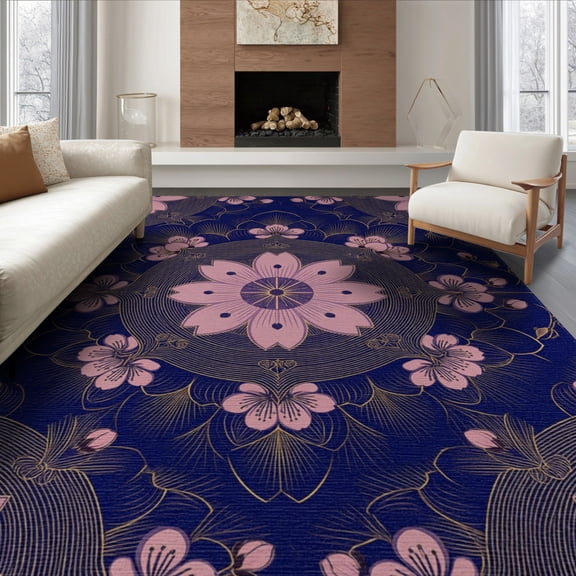 ODIKA 8'x10' Washable Area Rug Non-Slip Chair-Friendly Mat Japanese Cherry Concentric Border Petal Tufted Chinese Asian for Dining Room, Large Office, Lounge