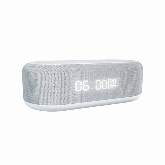 Despertador con Radio FM y Altavoz Bluetooth 10W, Carga Inalámbrica Rápida para iPhone/Samsung, Luz Nocturna de 7 Colores y Brillo Ajustable, Diseño Moderno en Tela y Madera