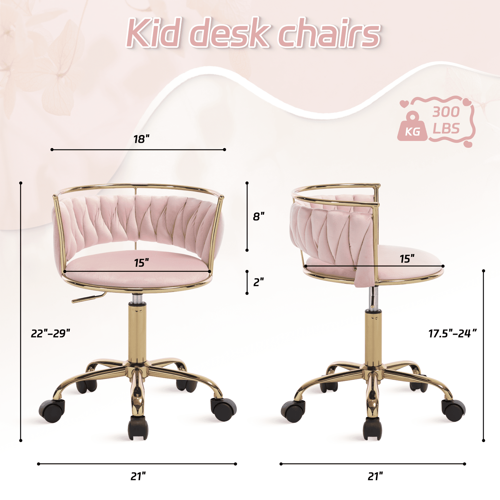 Guyou Kids Desk Chair, Velvet Rolling Swivel Children Chair, Adjustable Student Task Chair, Curved Woven Backrest Vanity Chair for Bedroom Dormitory Children Gifts, Pink