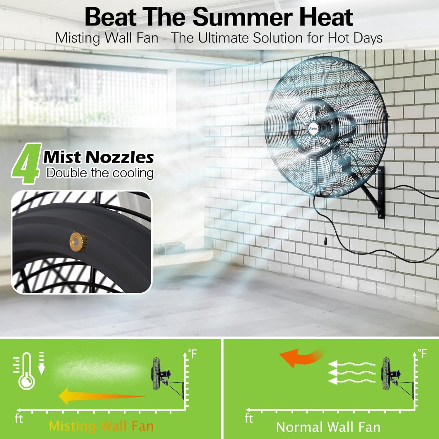 Achazel 24" Outdoor Pedestal Misting Fan with Oscillation, 3-Speed Waterproof Industrial Floor Fan, High Velocity Patio Cooling Fan for Outside