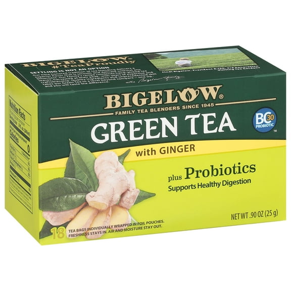 2X - Bigelow Tea Green Tea With Ginger Plus Probiotics, Caffeinated, 18 Count, (Pack Of 1), 108 Total Tea Bags