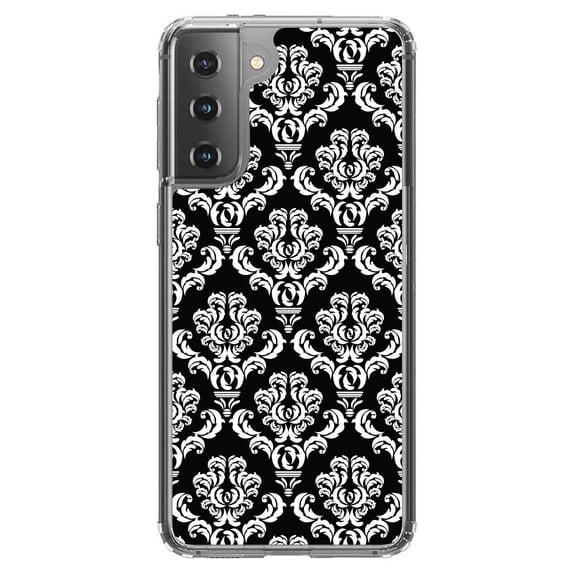 DistinctInk Clear Shockproof Hybrid Case for Galaxy S21 5G (6.2" Screen) - TPU Bumper, Acrylic Back, Tempered Glass Screen Protector - Black White Damask - Floral Damask
