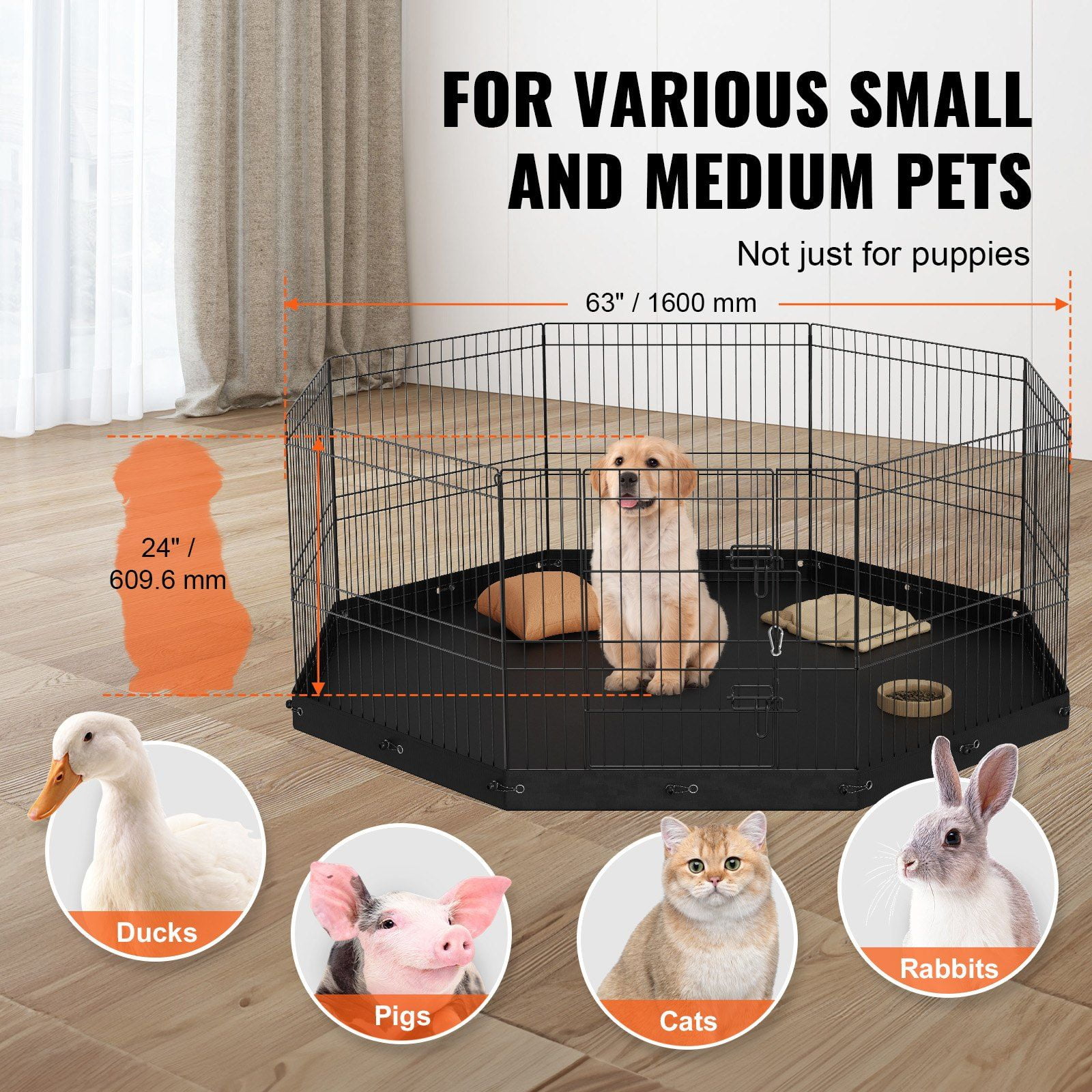 8-Panel Foldable Dog Playpen with 24 Inch Height and Waterproof Oxford Bottom Pad, Indoor Outdoor Pet Fence for Small Medium Dogs, Includes Ground Stakes for Camping Backyard Use