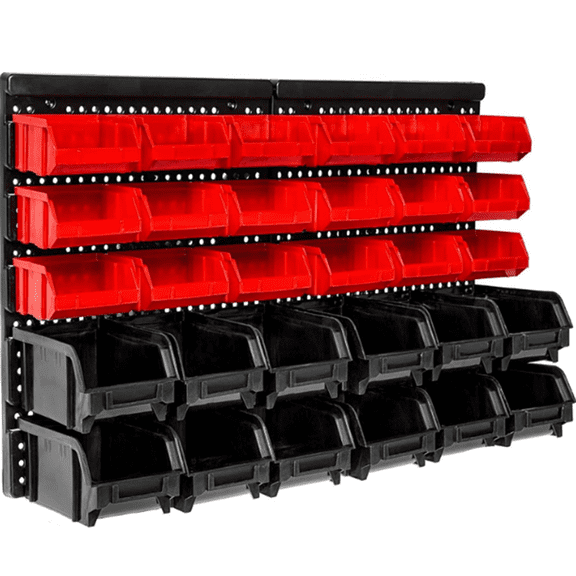 Wall Mounted Storage Bins, 30 Wall Mount Tool Organizer Bins Plastic Parts Rack Container, Easy Access Compartments For Tools, Hardware, Crafts, Office Supplies And More, Blackred