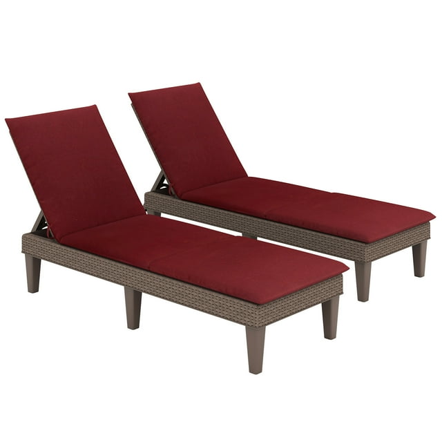 Gymax 2PCS Patio Lounge Chair Recliner Chair w/ 3-Position Adjustable Backrest & Cushion Brown & Red