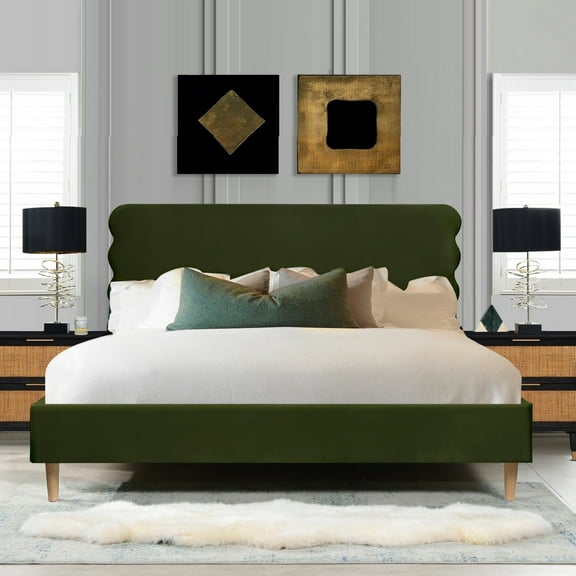 Stockholm Modern Wavy Headboard Platform Bed, King, Olive Green Performance Velvet
