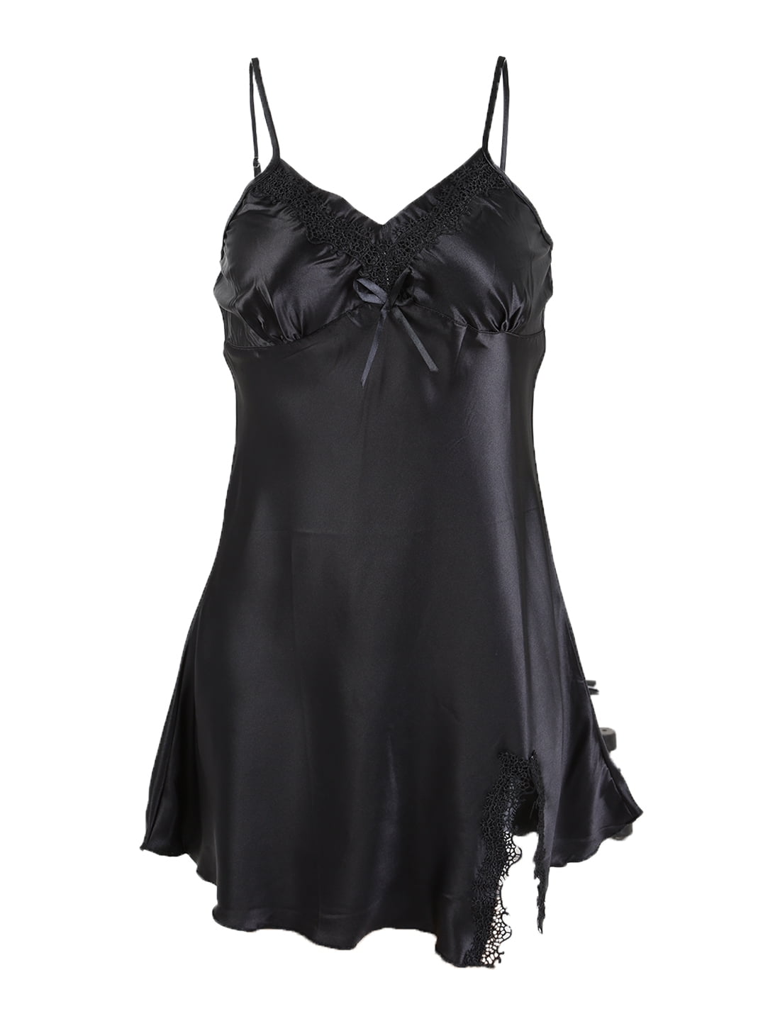 Women Sexy Satin Lace Trim Sleepwear Nightgown Pajama Slip Dress Black ...