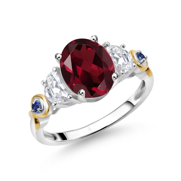 Gem Stone King 925 Silver and 10K Yellow Gold 3-Stone Ring Oval Red Rhodolite Garnet and Moissanite (2.50 Cttw, Size 8)