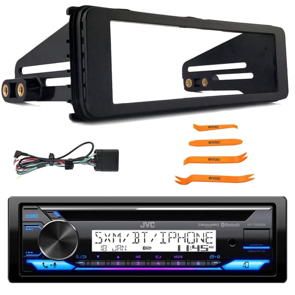 JVC KD-T92MBS Single DIN Marine Motorsports Bluetooth USB/AUX CD Player AM/FM Radio Stereo Receiver, 4-Piece Removal Pry Tool Set, Single-DIN Stereo Installation Kit Fits 1998-2013 Harley Davidson