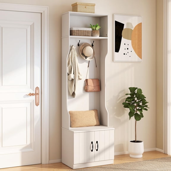 3-in-1 Hall Tree with Bench, Shoe Storage & Hooks, Modern White Finish