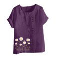 thumbnail image 4 of GaThRRgYP Summer Tops for Women Plus Size,Women Fashion Casual Linen Top Printed Short Sleeve Button T-shirt Blouse Top Purple L, 4 of 4