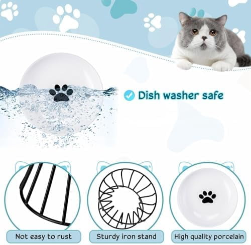 4 Sets Elevated Cat Bowls Ceramic Raised Cat Food Bowls with Metal Stand Dishwasher Safe Dishes Non Slip Elevated Food Plate(Black, Green,Fishbone, Paw)