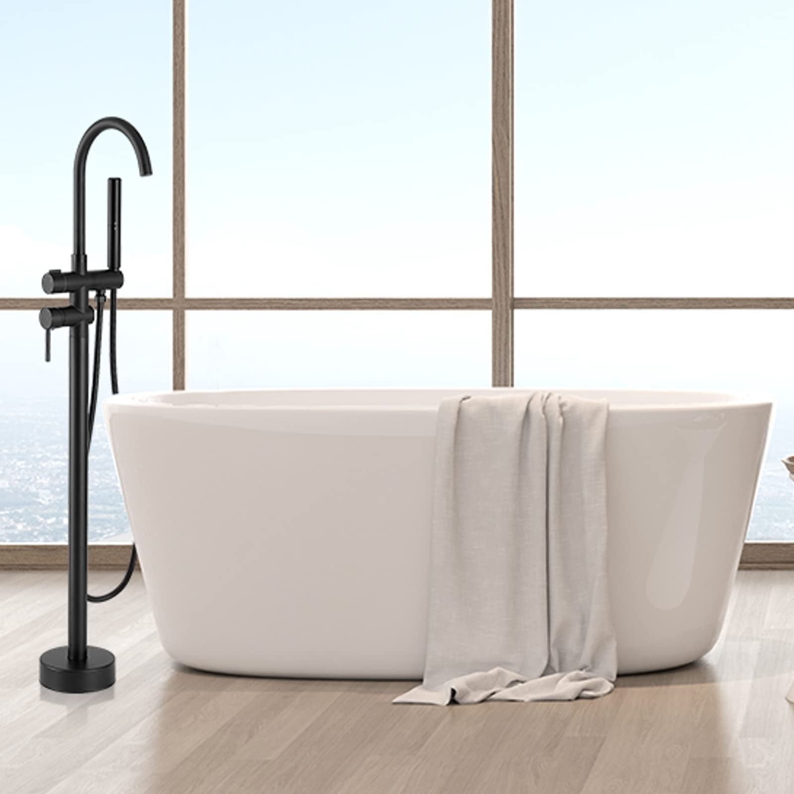 Freestanding Bathtub Faucet Matte Black Brass Floor Mount with 2-Function Hand Shower