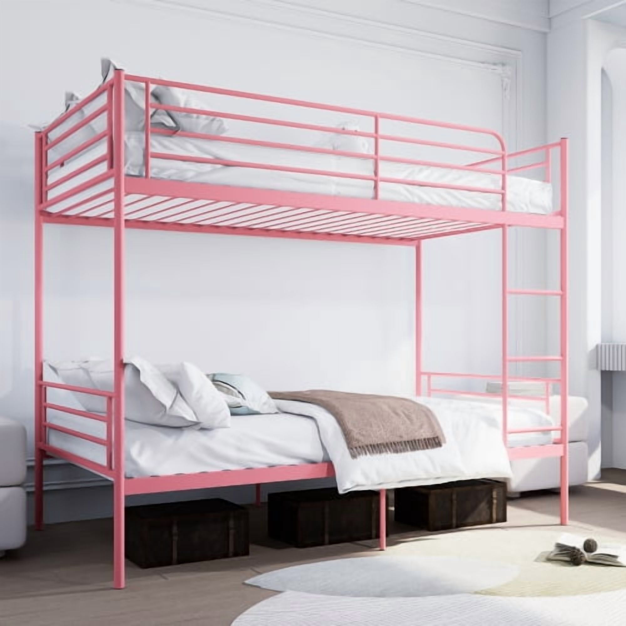 Twin Over Twin Metal Bunk Bed with Ladder and High Guardrail, Convertible to 2 Twin Beds, Noise-Free, Storage Space, Pink