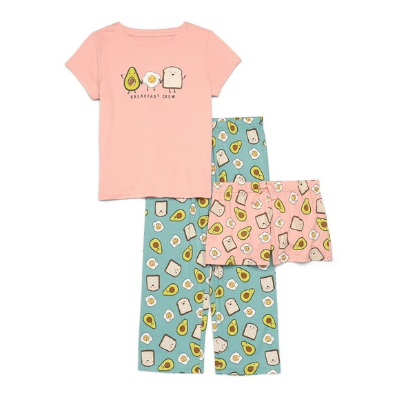 Wonder Nation Girls Short Sleeve Top with Shorts and Pants Pajama Set, 3-Piece, Sizes 4-18 Plus