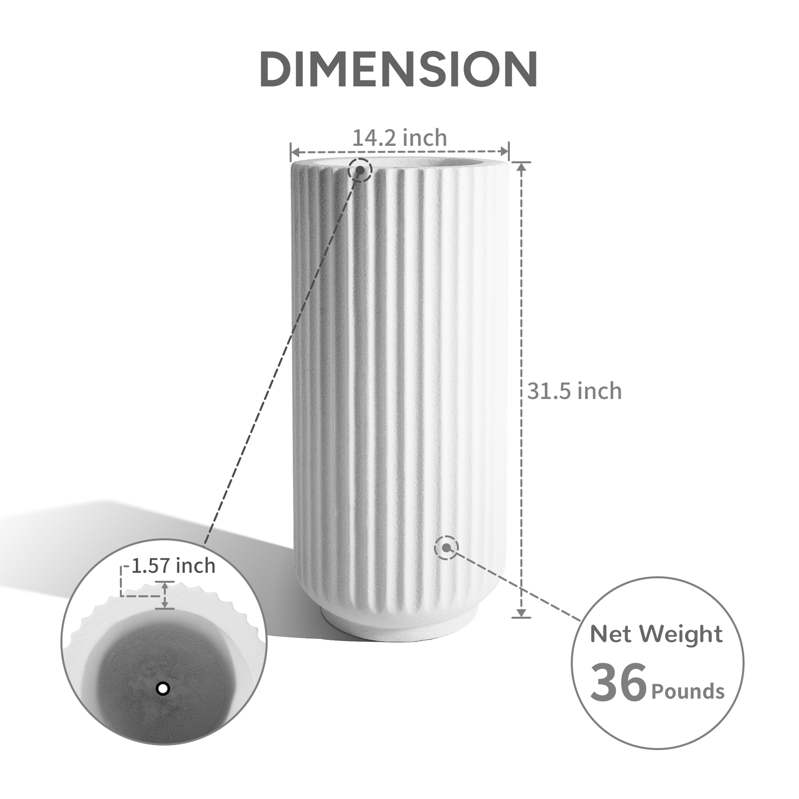 TerraDeco 31.5 Inch Tall Roman Column Concrete Planter（14.2Dx31.5H，36 Pounds）,Durable All-Weather Use with Drainage Holes,Large Rectangular Planter  for Outdoor Indoor Plants