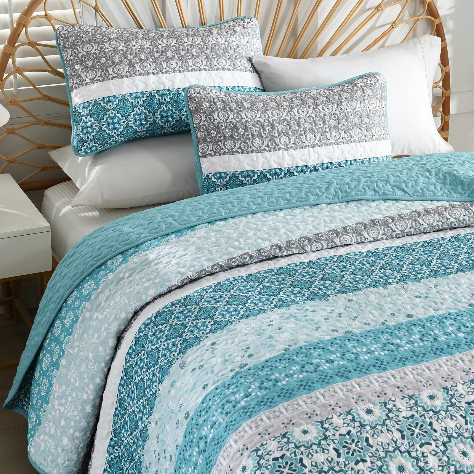 Dintszyayue Boho Quilt Set Queen,3Pcs Floral Teal Bohemian Bedding Sets Striped Patchwork Bedspread Set Adult(90"×96")