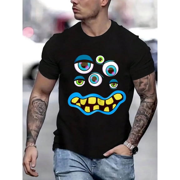 100 Cotton Graphic Tees Cute Halloween Eyeballs Design Face Eyes T-Shirt Crew Neck Short Sleeve T-Shirt, Casual Print Graphic Cotton Tees Men Tops