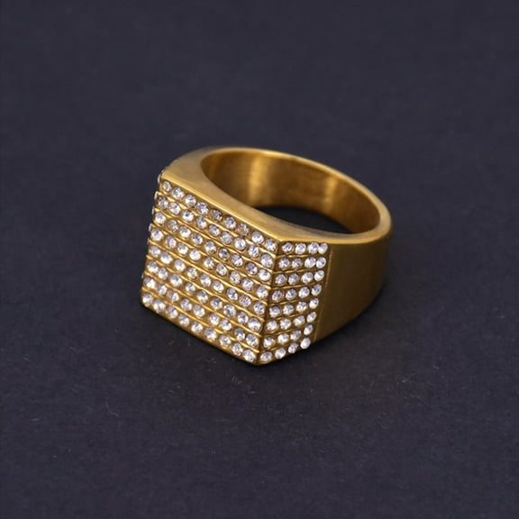 Hip Hop Iced Out Bling Ring Male 14K Yellow Gold Pave CZ Big Square Rings For Men Cool Jewelry Gift